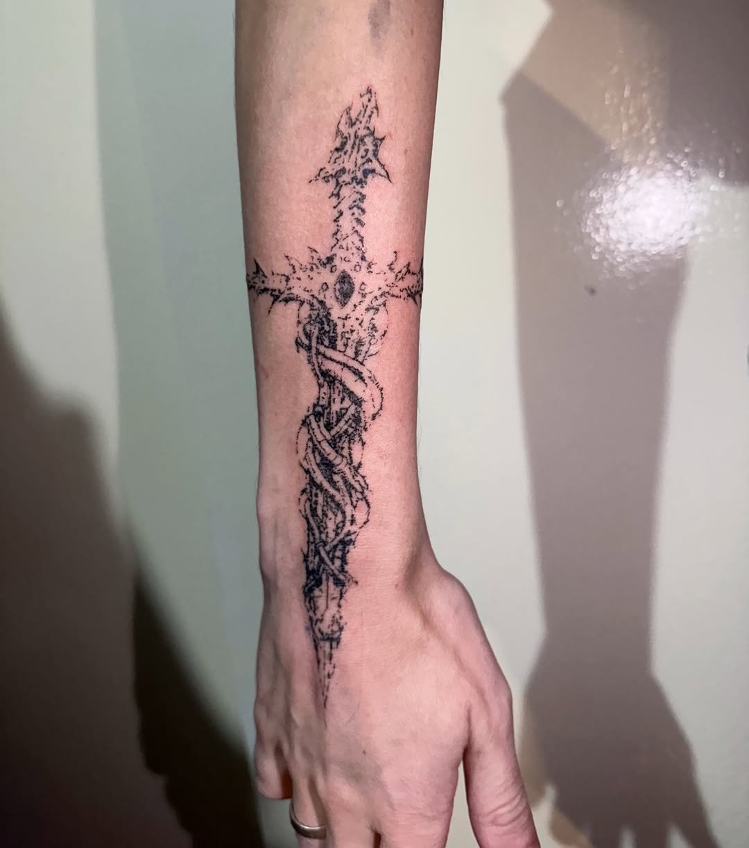 Cybersigilism sword tattoo on forearm by Emoitaliano